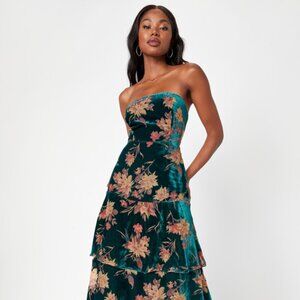 Lulus Real Allure Emerald Floral Burnout Velvet Strapless Maxi Dress Green
